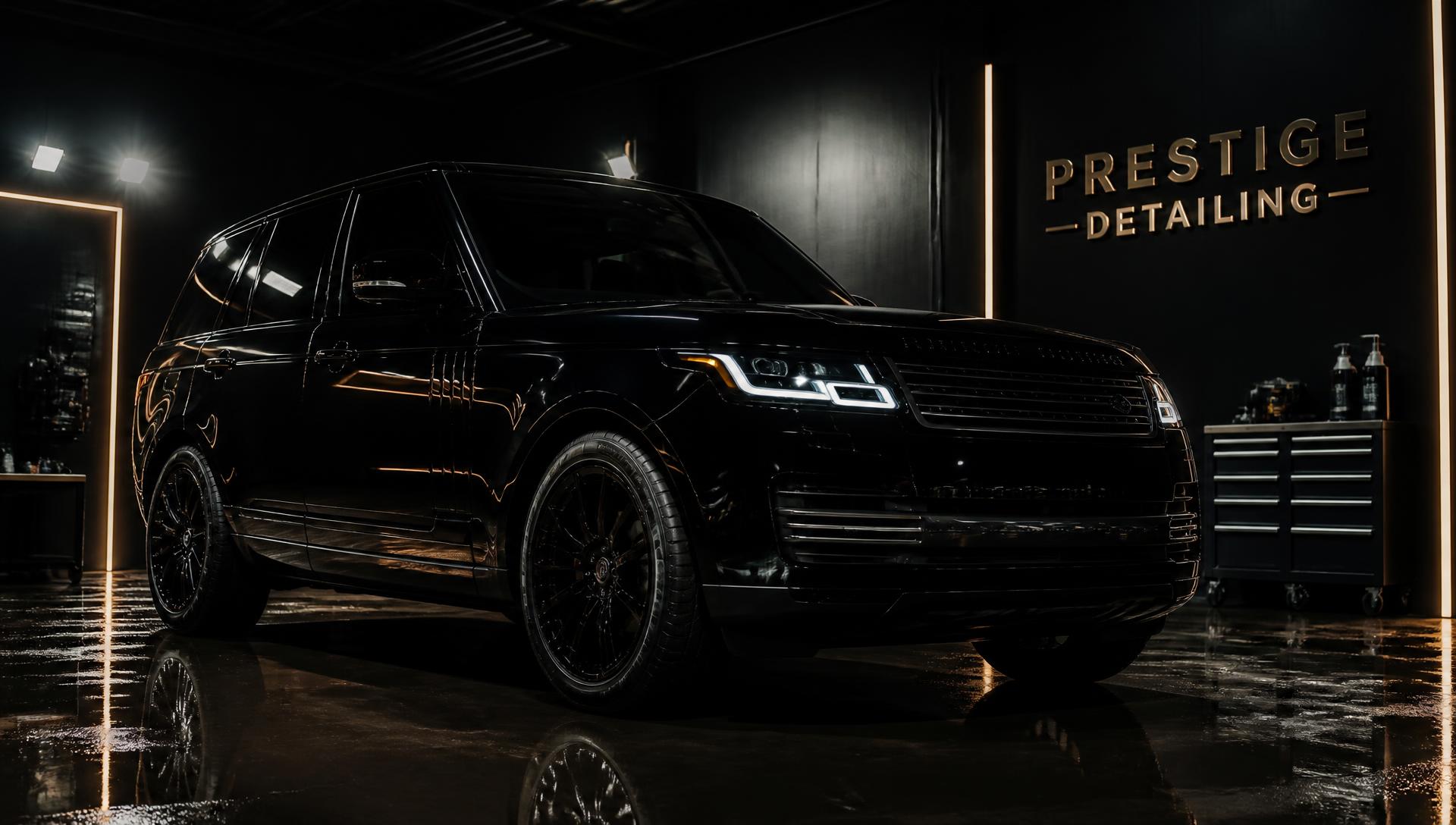 Aufbereiteter schwarzer SUV in einer Detailing-Halle